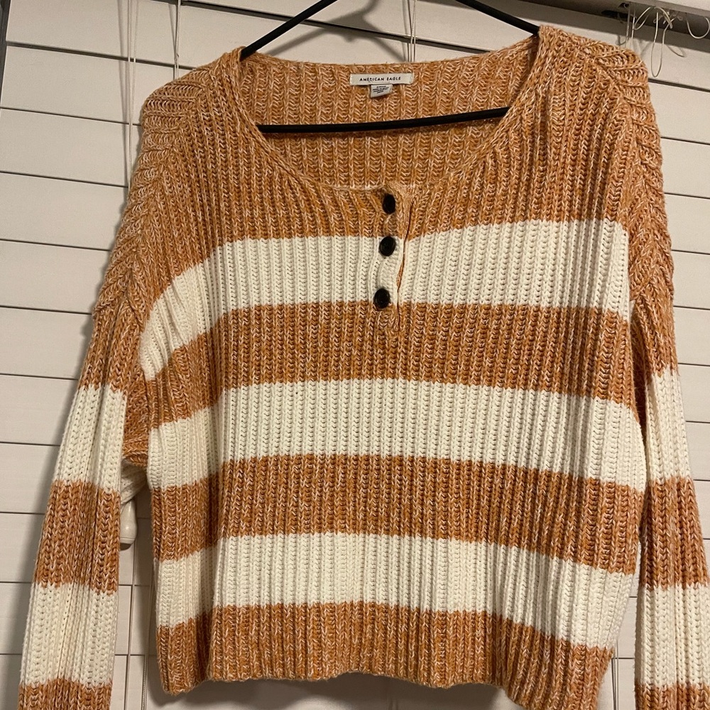 American Eagle Orange and White Oversized Cropped Sweater